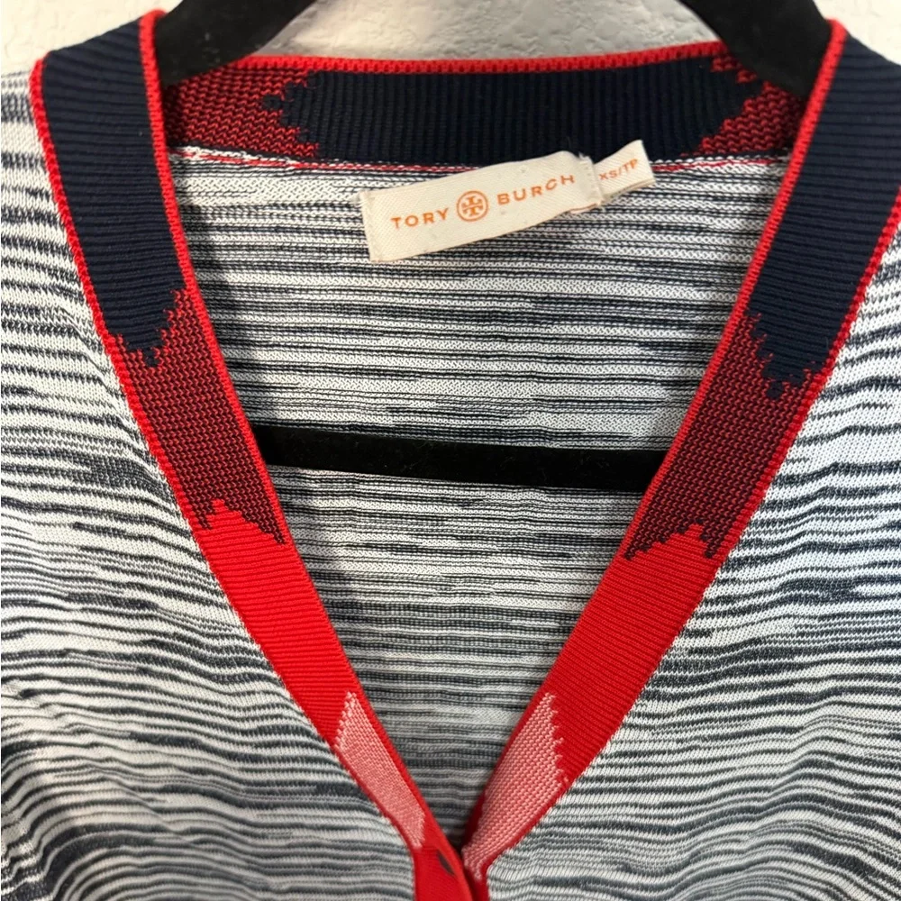 Tory Burch Arielle Cardigan Contrast Trim Navy Blue Red Ivory XS